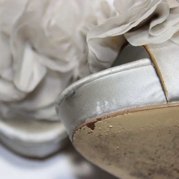 AUDREY Brooke Silver Satin Open Toe Heel with Ruffled Flower - Picture 11 of 12